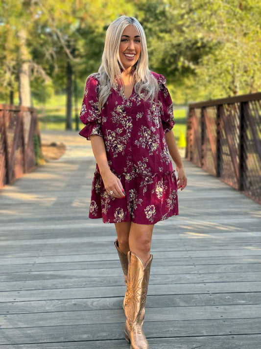 Cranberry Blossom Ruffle Mini Dress